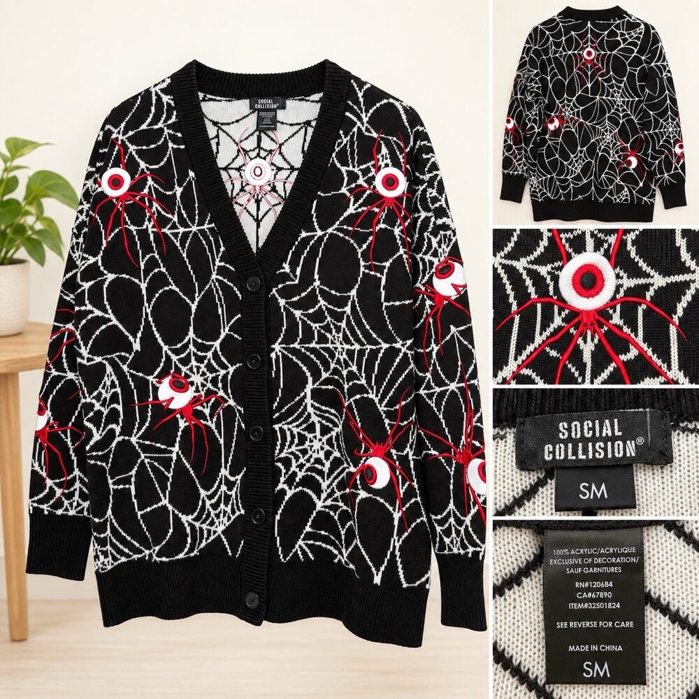 Social Collision S M Spider Web Eyeball Cardigan Black White Red Halloween Goth